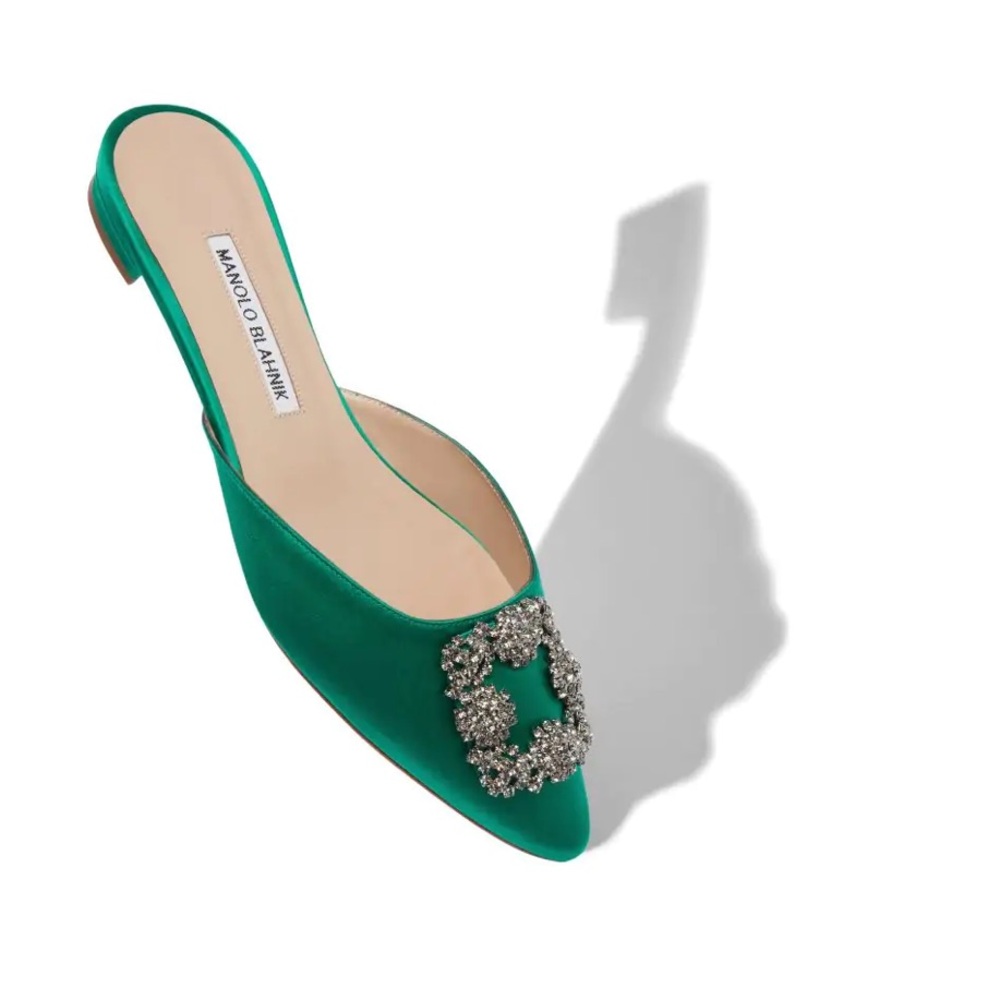 Manolo Blahnik Hangisi Emerald Satin Mules with Sparkling Embellishment
